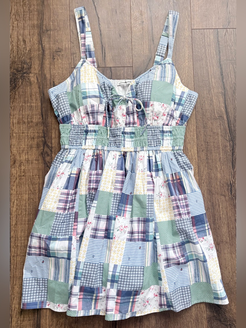 Abercrombie & Fitch Bra-Free Smocked Tie-Front Skort, Blue Patchwork XLT NWT